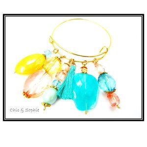 Gold Charm Bangles Blue Pink Yellow Jewel Bracelet